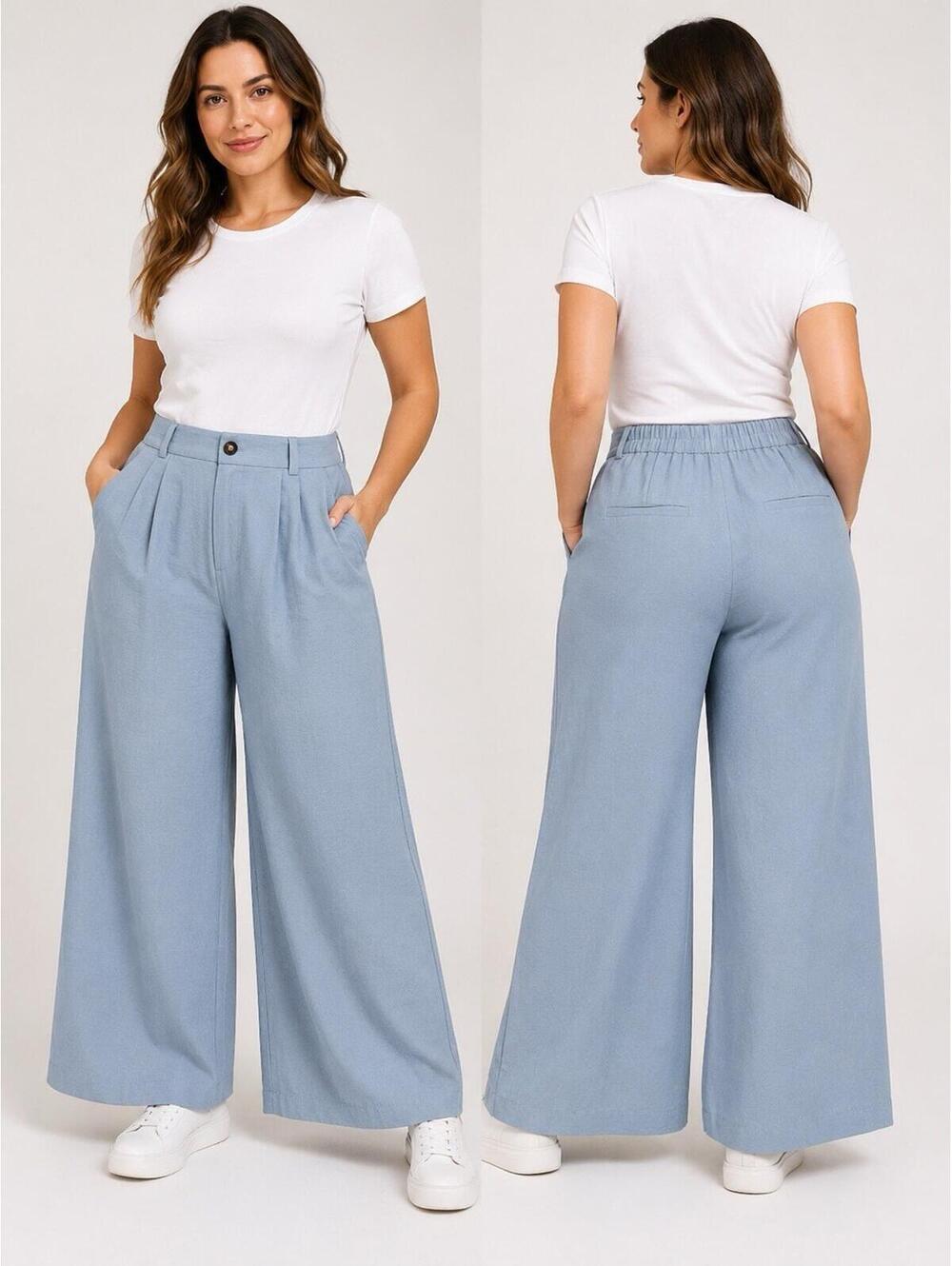 Tullea Women’s Light Blue Wide Leg High Rise Pants Casual Flowy Pull On Pockets